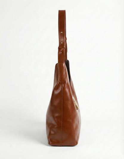 Classic Tan Brown Shoulder Hobo Bag with Gold Accent