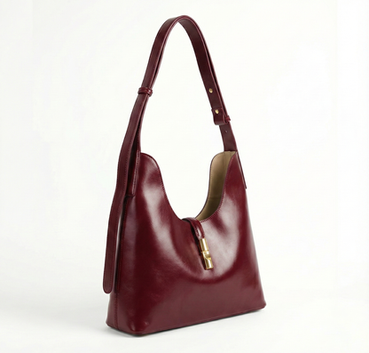 Elegant Burgundy Shoulder Hobo Bag with Gold Accent