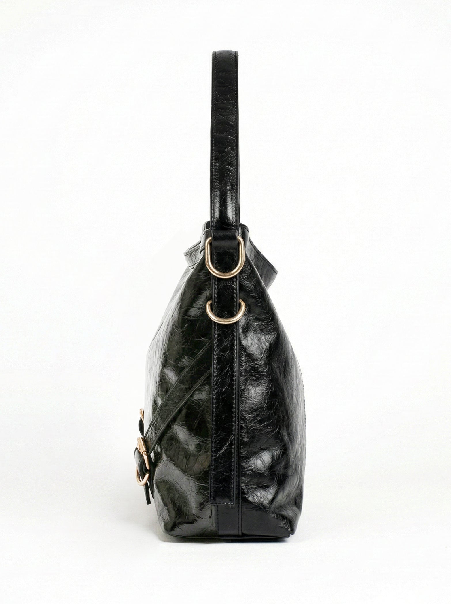 Glossy Black Luxe Shoulder Bag with Gold Zip Detail