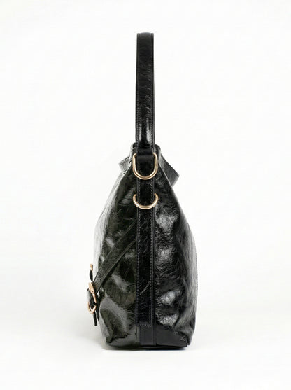 Glossy Black Luxe Shoulder Bag with Gold Zip Detail