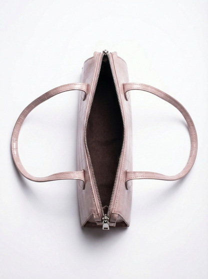 Blush Croc Texture Shoulder Bag – Slim Baguette Style
