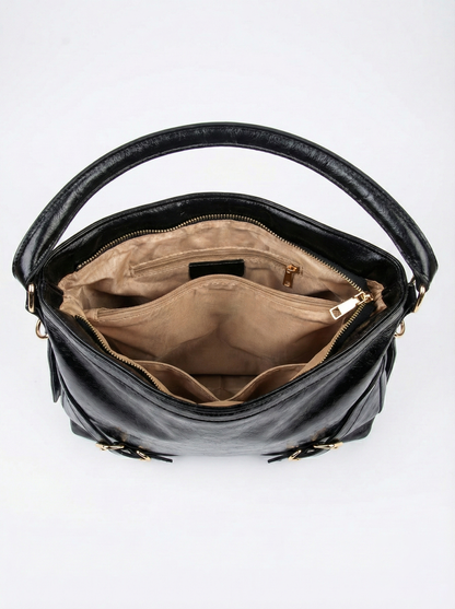 Glossy Black Luxe Shoulder Bag with Gold Zip Detail