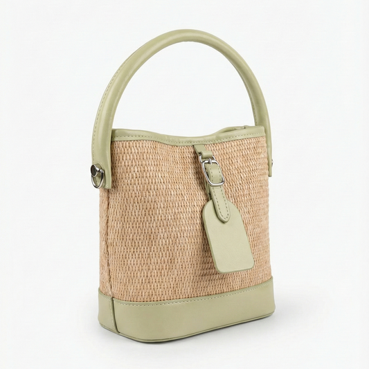 Pastel Green Woven Straw Bucket Bag with Top Handle