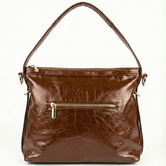 Rich Chestnut Gloss Shoulder Bag with Gold Zip Detail