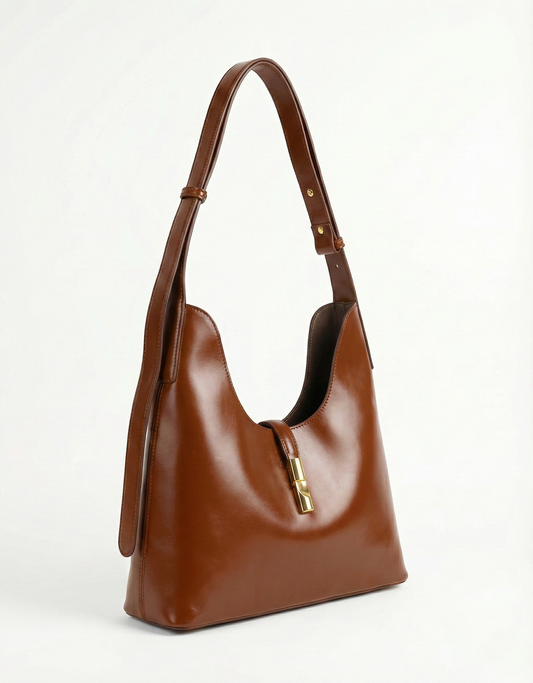 Classic Tan Brown Shoulder Hobo Bag with Gold Accent