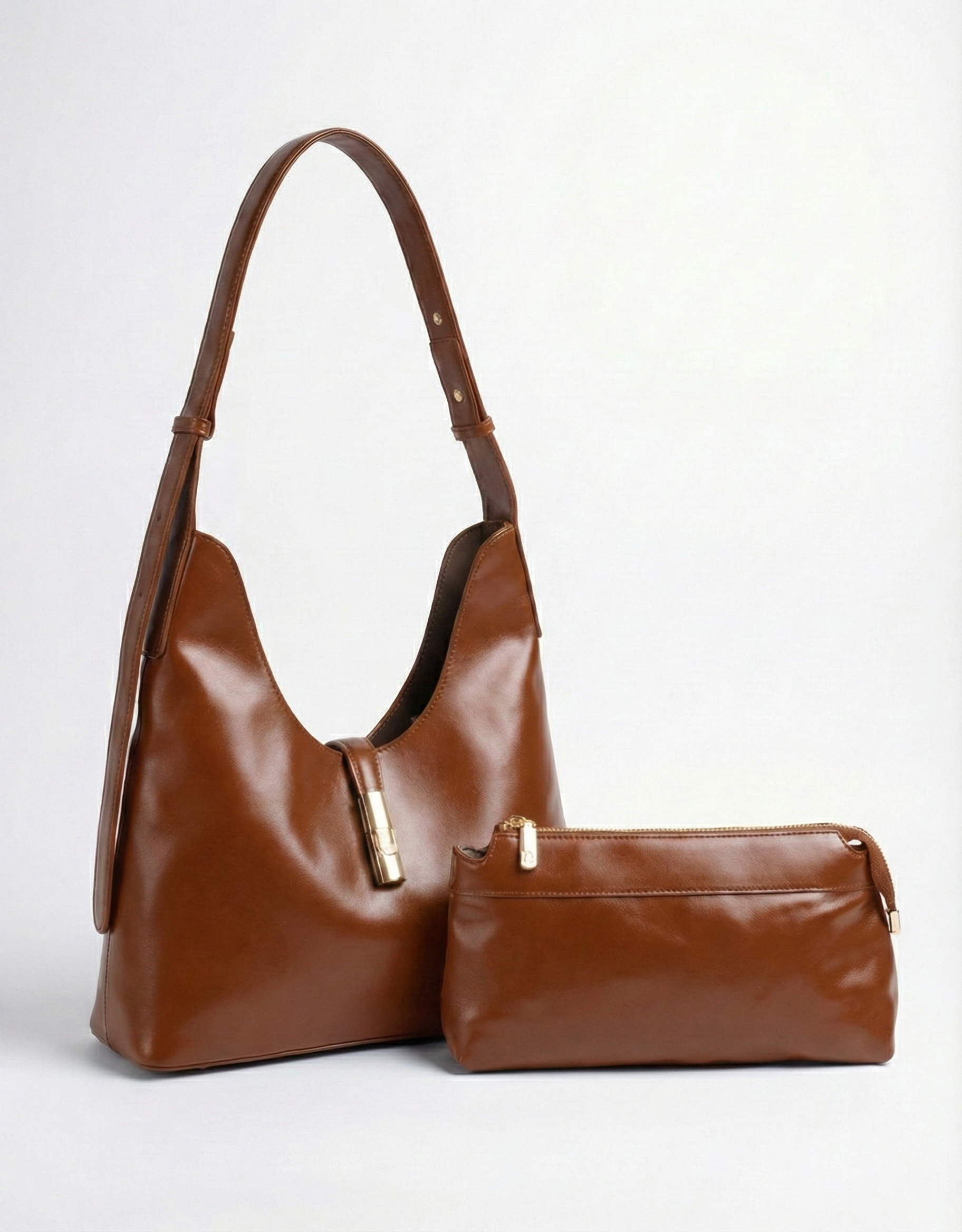 Classic Tan Brown Shoulder Hobo Bag with Gold Accent