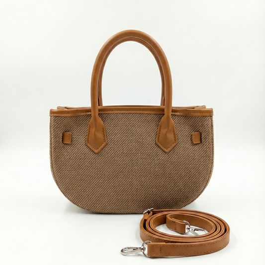 Classic Beige Woven Mini Tote with Tan Handles & Lock Detail
