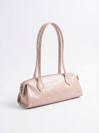 Blush Croc Texture Shoulder Bag – Slim Baguette Style