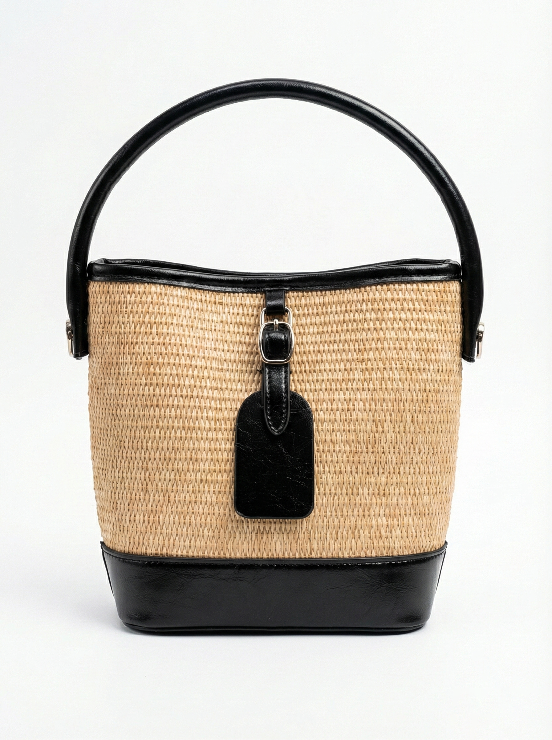 Chic Woven Straw Bucket Bag with Black Handle