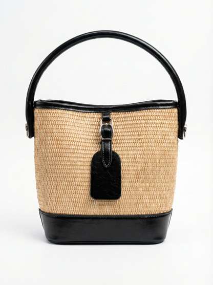 Chic Woven Straw Bucket Bag with Black Handle