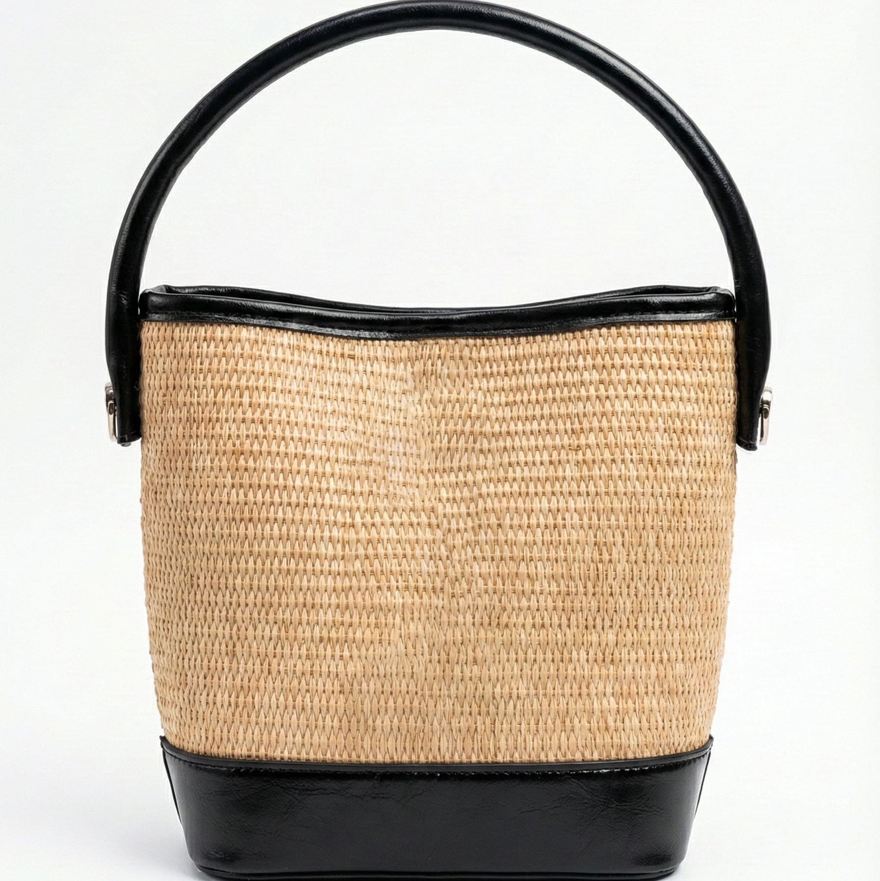 Chic Woven Straw Bucket Bag with Black Handle