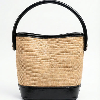 Chic Woven Straw Bucket Bag with Black Handle