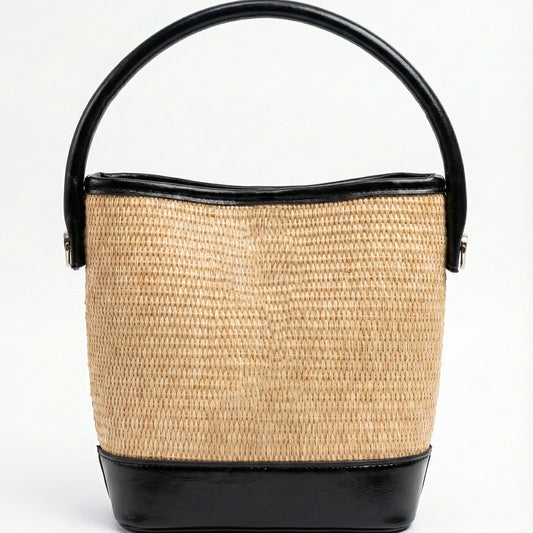 Chic Woven Straw Bucket Bag with Black Handle