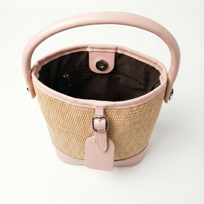 Blush Pink Woven Straw Bucket Bag