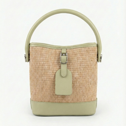 Pastel Green Woven Straw Bucket Bag with Top Handle