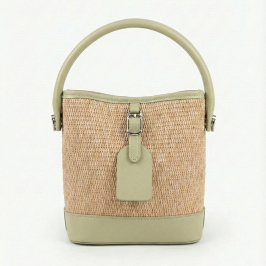 Pastel Green Woven Straw Bucket Bag with Top Handle
