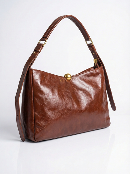 Vintage Luxe Brown Shoulder Bag with Gold Accent Lock