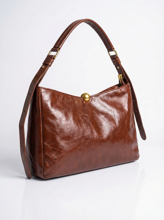 Vintage Luxe Brown Shoulder Bag with Gold Accent Lock