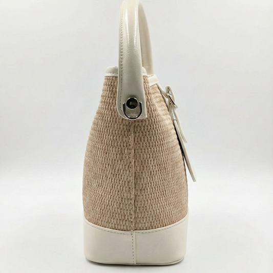 Ivory Woven Straw Bucket Bag with Matching Pouch Set