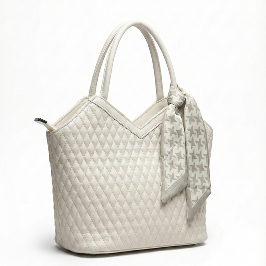 Beige Quilted Handbag with Scarf Detail