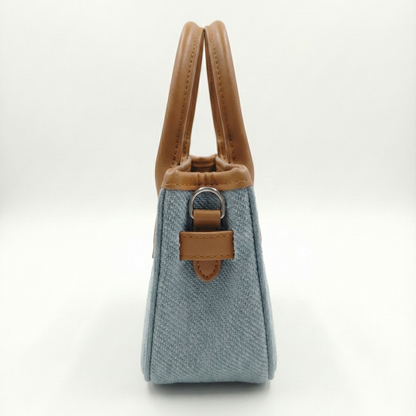 Sky Blue Woven Mini Tote with Tan Handle & Lock Detail