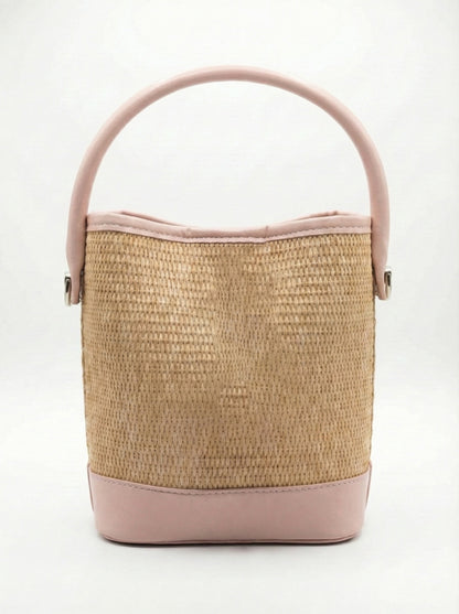 Blush Pink Woven Straw Bucket Bag