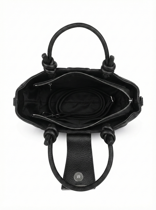 Midnight Black Mini Tote with Knot Handle & Metal Accent