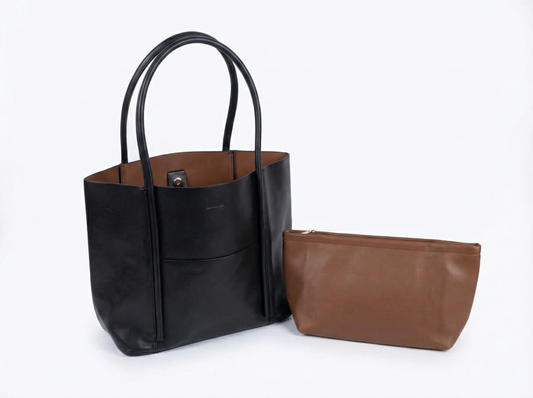 Dual Tone Leather Tote Bag with Pouch Set