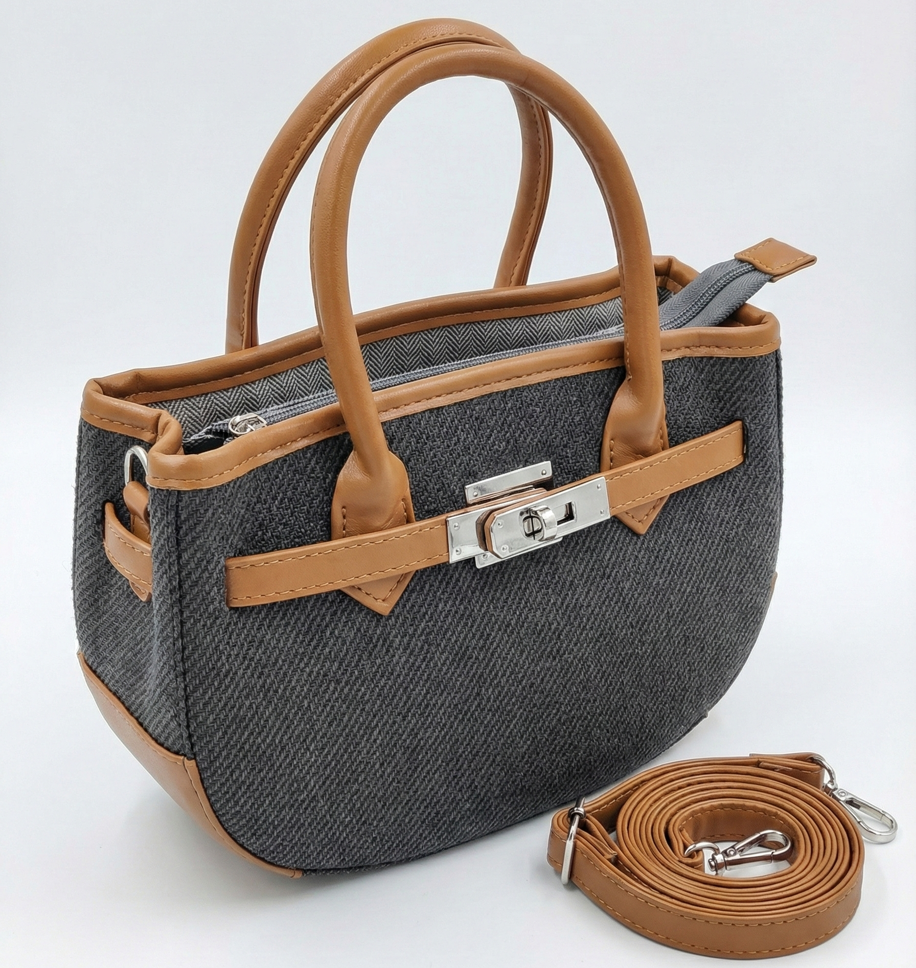 Charcoal Textured Mini Tote with Tan Leather Acc