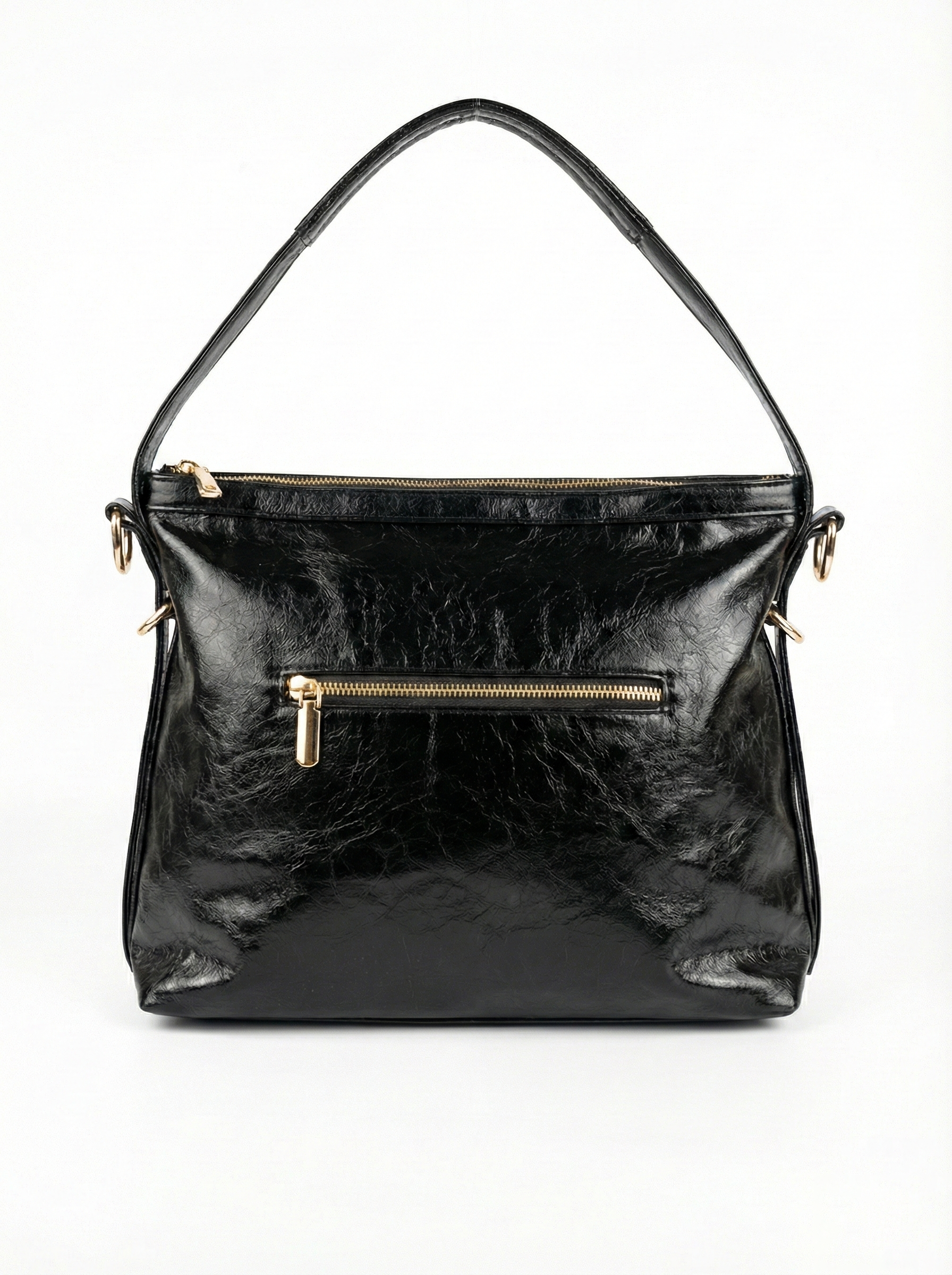 Glossy Black Luxe Shoulder Bag with Gold Zip Detail