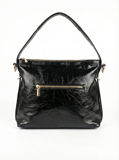 Glossy Black Luxe Shoulder Bag with Gold Zip Detail