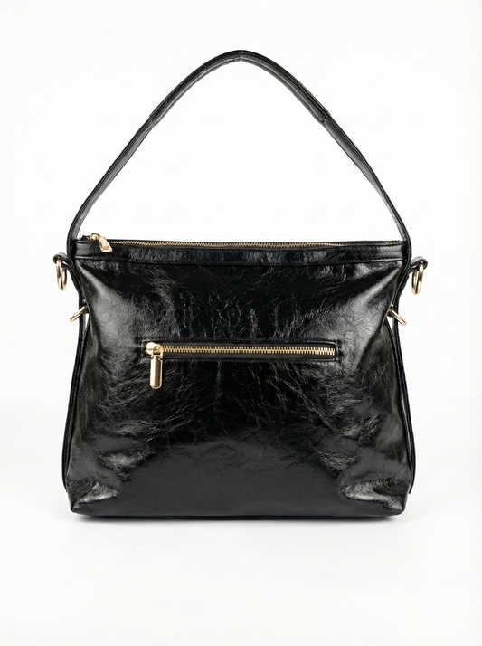 Glossy Black Luxe Shoulder Bag with Gold Zip Detail