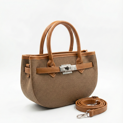 Classic Beige Woven Mini Tote with Tan Handles & Lock Detail