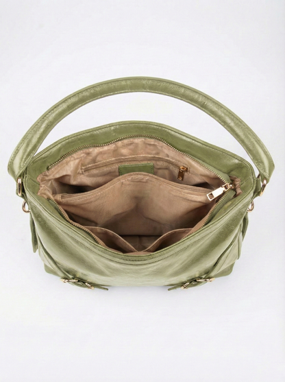 Olive Luxe Gloss Shoulder Bag with Gold Buckle Detail