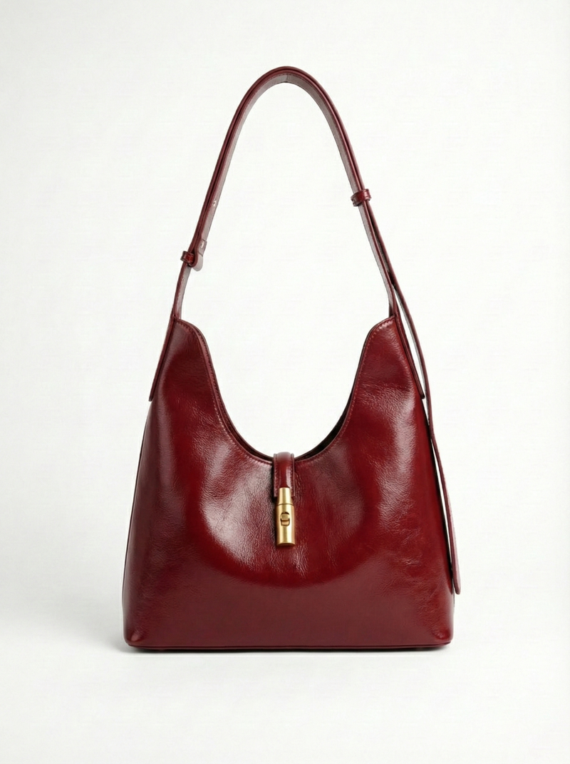 Elegant Burgundy Shoulder Hobo Bag with Gold Accent