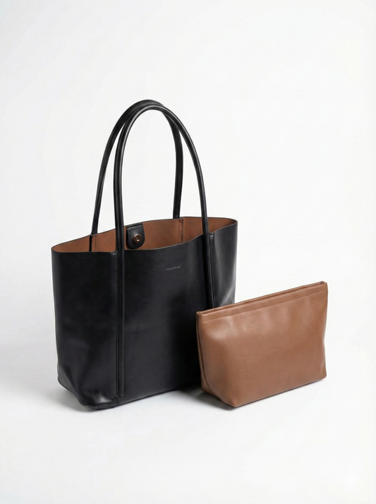 Dual Tone Leather Tote Bag with Pouch Set