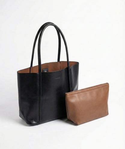Dual Tone Leather Tote Bag with Pouch Set