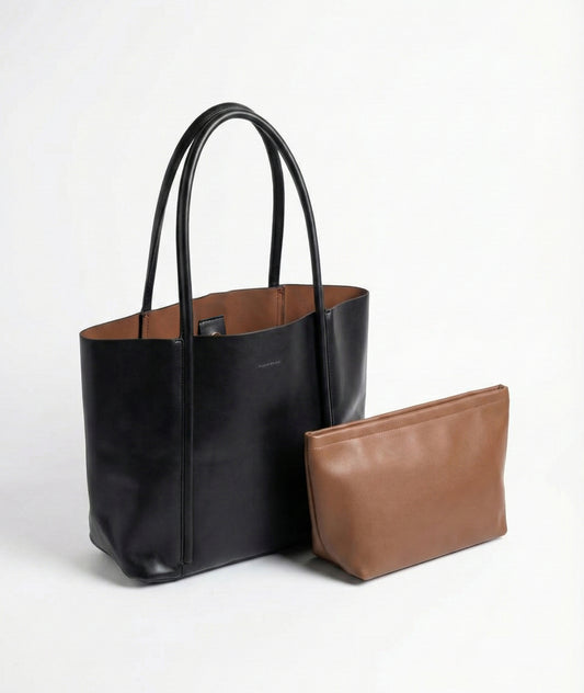 Dual Tone Leather Tote Bag with Pouch Set