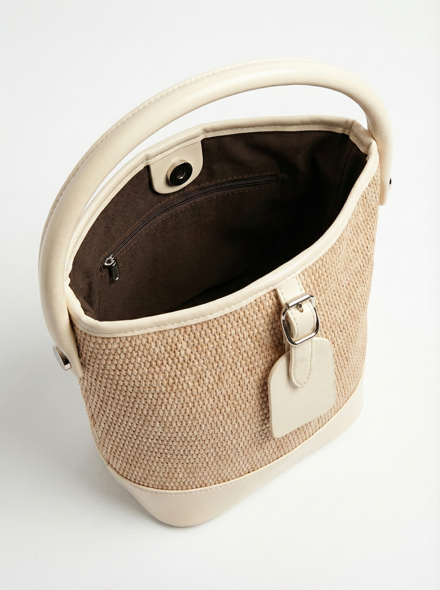 Ivory Woven Straw Bucket Bag with Matching Pouch Set