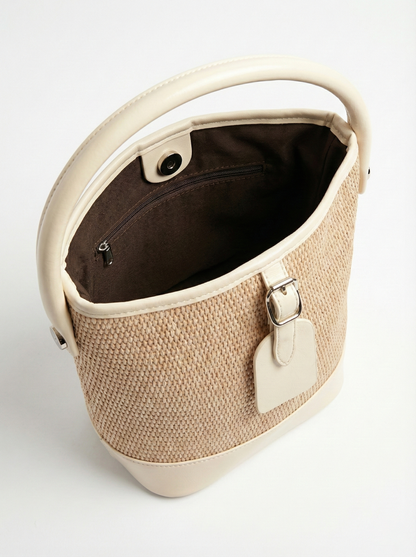 Ivory Woven Straw Bucket Bag with Matching Pouch Set