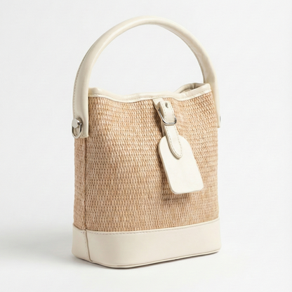 Ivory Woven Straw Bucket Bag with Matching Pouch Set
