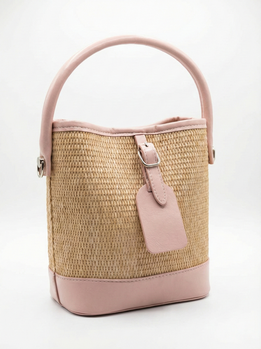 Blush Pink Woven Straw Bucket Bag
