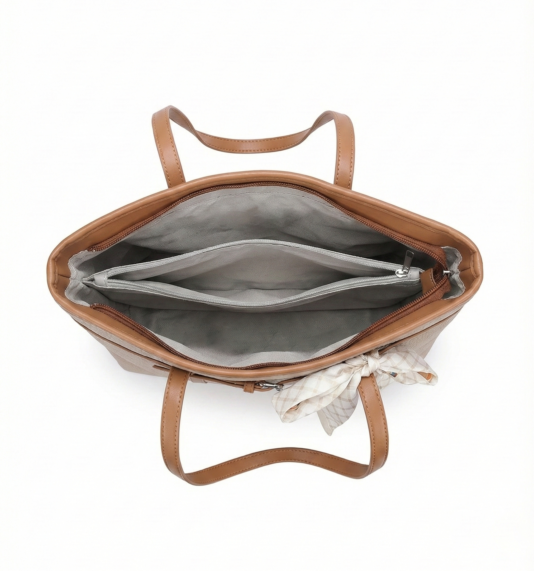 Elegant Beige Tote Bag with Bow Detail & Tan Straps