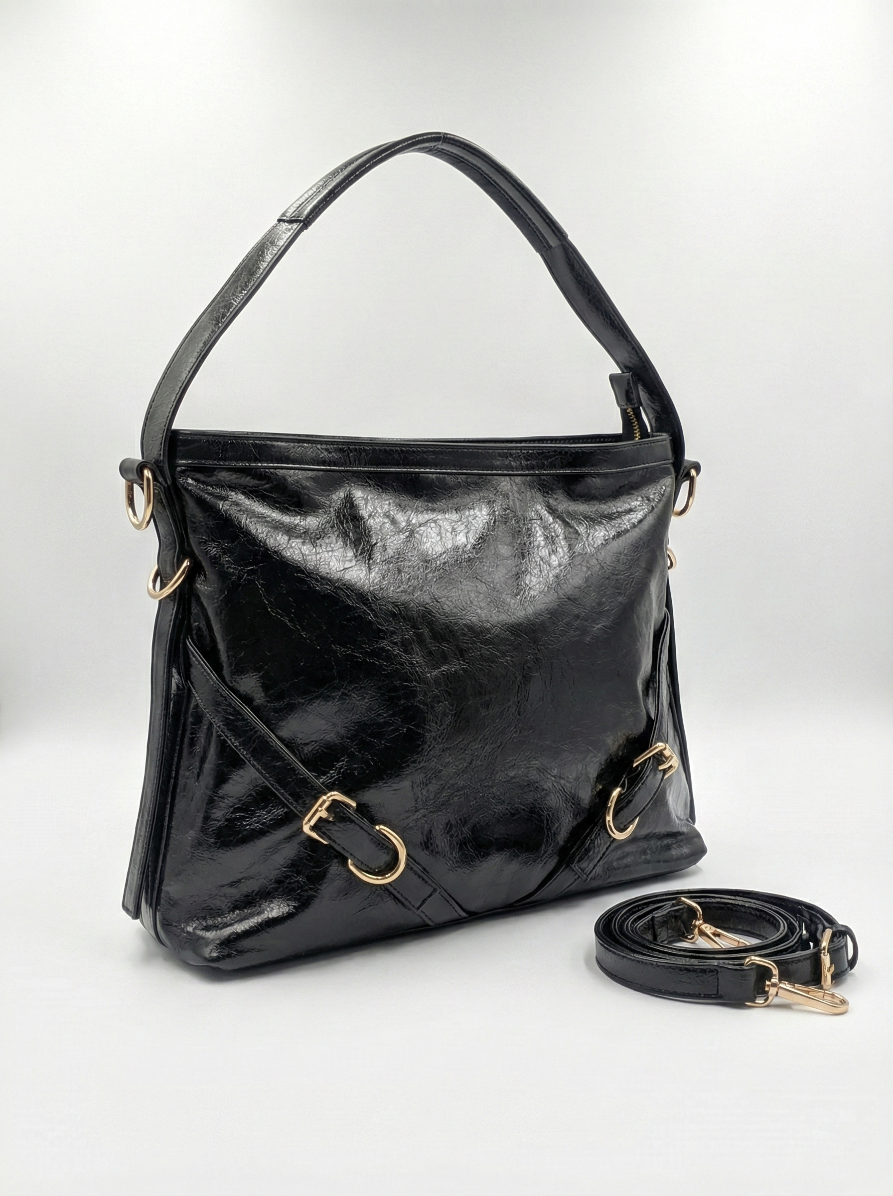 Glossy Black Luxe Shoulder Bag with Gold Zip Detail