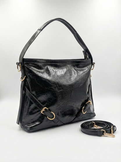 Glossy Black Luxe Shoulder Bag with Gold Zip Detail