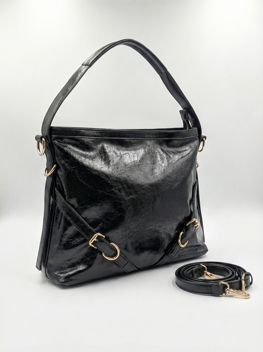 Glossy Black Luxe Shoulder Bag with Gold Zip Detail