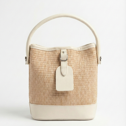 Ivory Woven Straw Bucket Bag with Matching Pouch Set