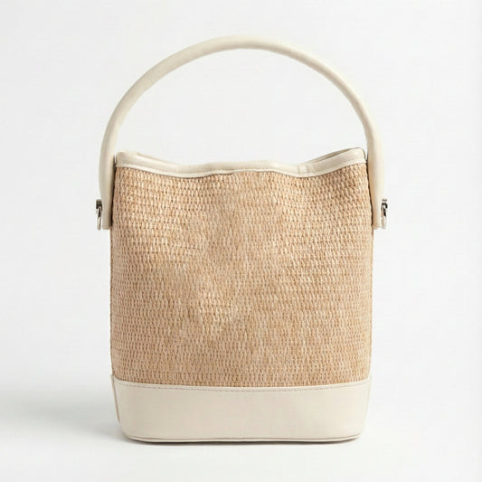 Ivory Woven Straw Bucket Bag with Matching Pouch Set