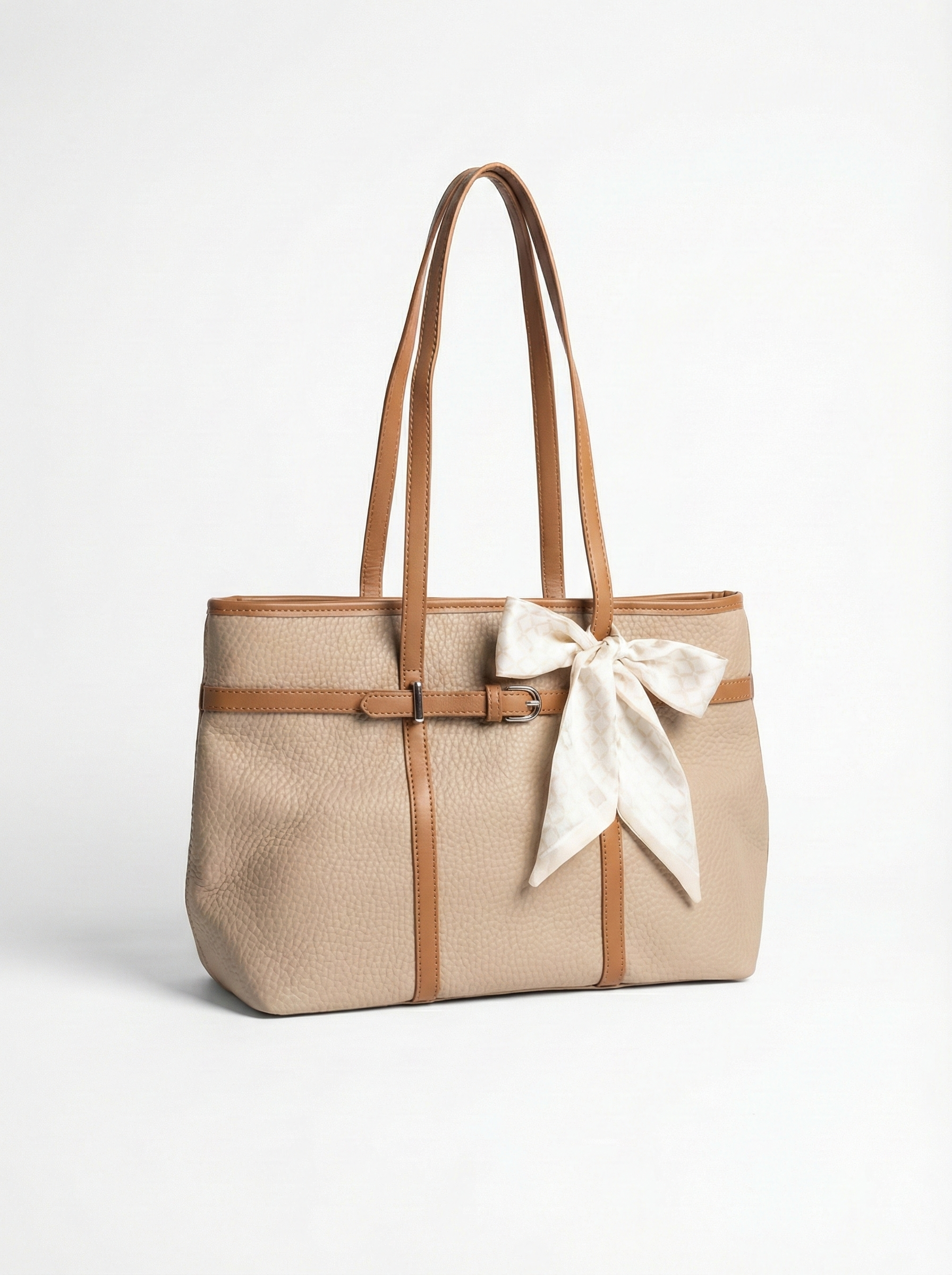 Elegant Beige Tote Bag with Bow Detail & Tan Straps