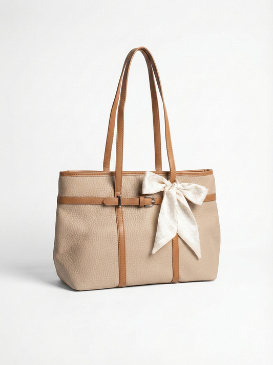 Elegant Beige Tote Bag with Bow Detail & Tan Straps